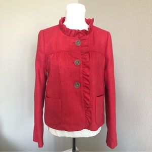 J Crew Fiona Jacket Size 8 TALL Herringbone Wool with Ruffle Collar, Red Pink